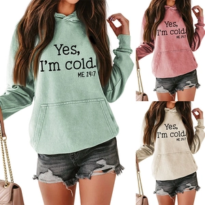 Close-up of Yes I'm Cold hoodie showing mint green, pink, and beige color options