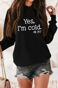 Detail showing the white slogan print on the front of a black cotton hooded sweatshirt