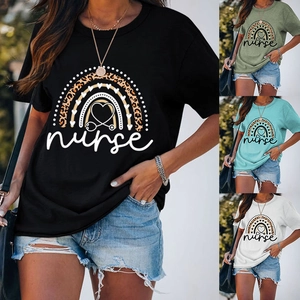 Detail showing various colors of nurse t-shirts with leopard rainbow heart patterns