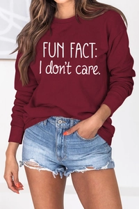 Detail of burgundy crewneck sweatshirt with Fun Fact I Don't Care print text