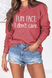 Detail of Fun Fact I Don't Care lettering on brick red crewneck long sleeve sweatshirt