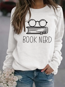 Detail of Book Nerd print on white long sleeve sweatshirt showing graphic and text texture
