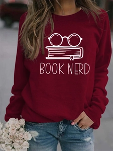 Detail of burgundy Book Nerd sweatshirt with glasses print and relaxed fit style