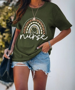 Detail of army green nurse T-shirt with leopard rainbow print and stethoscope heart