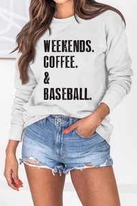 Detail of white cotton crewneck sweatshirt featuring WEEKENDS COFFEE BASEBALL graphic print