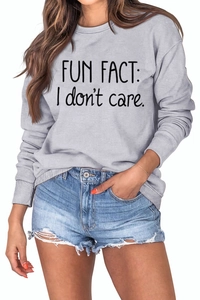 Detail of Fun Fact I Don't Care lettering on a light grey crewneck sweatshirt