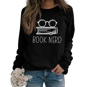 Detail of loose black crewneck sweatshirt with white Book Nerd glasses print
