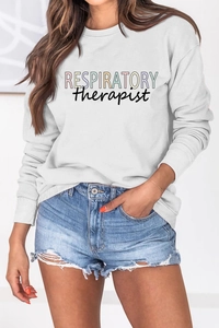 Detail of white cotton sweatshirt featuring a respiratory therapist graphic and ribbed cuffs
