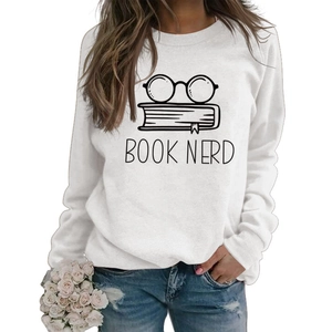 Close-up of Book Nerd print and glasses graphic on white long-sleeve sweatshirt