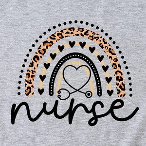 Gray nurse t-shirt with leopard rainbow heart and stethoscope graphic design