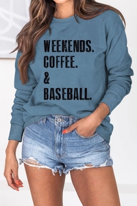 Detail of WEEKENDS COFFEE BASEBALL letter print on grey-blue crewneck sweatshirt