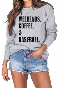 Detail of grey crewneck sweatshirt featuring vintage Weekends Coffee Baseball text print