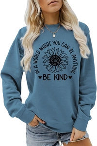 Blue crew neck sweatshirt with sunflower print and Be Kind motivational text detail