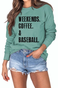 Close-up of Weekends Coffee Baseball letter print on light green long sleeve sweatshirt