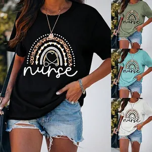 Women's Casual Cotton Blend T-Shirt Nurse Leopard Rainbow Heart Graphic Round Neck Short Sleeve Top Streetwear Clothing