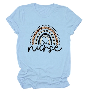 Short sleeve light blue t-shirt with rainbow nurse print and stethoscope heart design