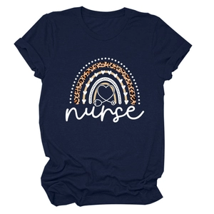 Navy blue nurse t-shirt with rainbow leopard heart and stethoscope graphic design