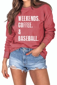 Red crewneck sweatshirt with WEEKENDS lettering and frayed denim shorts on a model