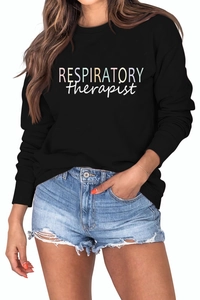Detail of black crewneck sweatshirt with Respiratory Therapist print and blue denim shorts