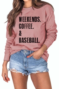 Detail view of ribbed round neck and coffee slogan print on dusty pink sweatshirt