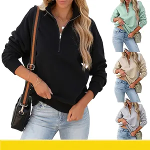 Felpa Da Donna Con Mezza Zip Manica Lunga Collo Alto Misto Cotone Casual Ampia Top