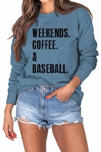 Detail of blue Weekends Coffee Baseball sweatshirt with ribbed neckline and bold text