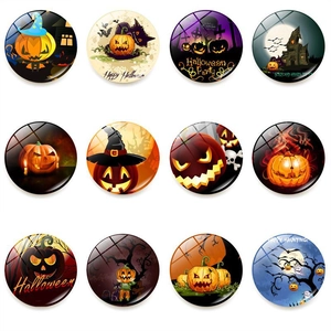 Halloween Refrigerator Magnets Round Crystal Glass Magnetic Stickers For Home Kitchen Decor Pumpkin Bat Ghost Pattern