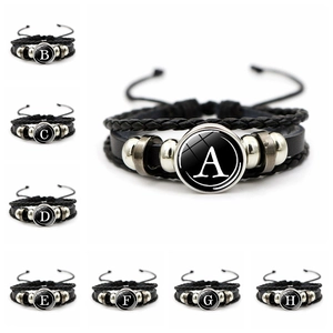 Vintage Multi-layer Braided Leather Bracelet With Initial Letter Glass Cabochon Alloy Beads Punk Jewelry Unisex