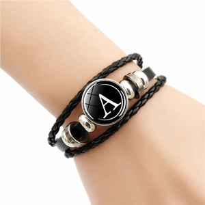 Punk vintage multilayer braided leather bracelet with silver letter A glass charm