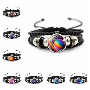 Galaxy Planet Universe Glass Cabochon Braided Leather Bracelet Multi Layer Adjustable Punk Jewelry For Men Women