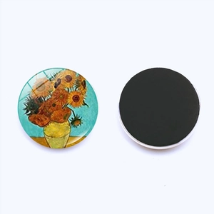 Detailed front and back view of a 30mm round Van Gogh Sunflower glass dome magnet