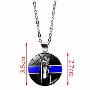 Blue line police badge necklace with crusader pendant, 2.7cm diameter silver chain accessory