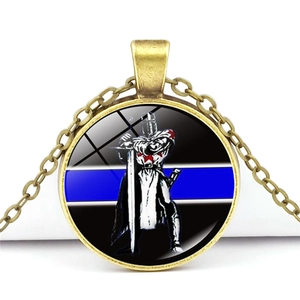 Vintage bronze Templar Knight necklace with Thin Blue Line flag background pendant