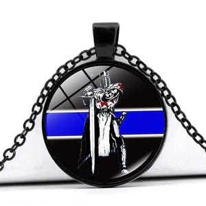 Thin Blue Line police badge necklace with crusader knight pendant and black chain