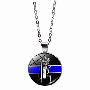 Macro view of silver glass pendant necklace featuring a blue line knight warrior crest