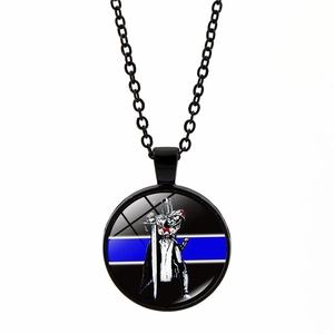 Close-up of a black metal necklace featuring a Crusader Knight on Thin Blue Line background