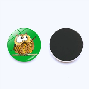 Detailed front and back view of a 30mm round magnetic owl glass refrigerator magnet