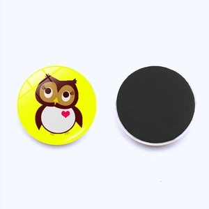 Detailed front and back view of a 30mm round magnetic owl glass fridge magnet