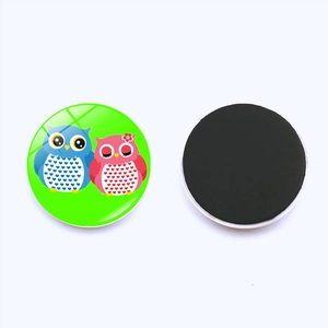 Front and back detail of 30mm round glass fridge magnets featuring cute cartoon owls