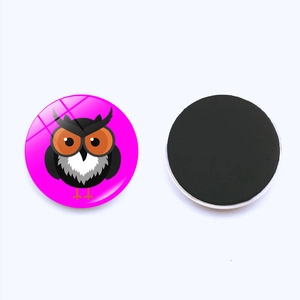 Detail view of round 30mm glass fridge magnet featuring a pink owl design and magnetic back