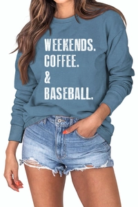 Detail of blue-grey sweatshirt featuring Weekends Coffee Baseball text print