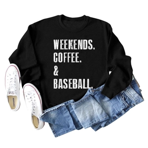 Black casual long sleeve sweatshirt with Weekends Coffee Baseball text print
