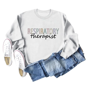 Flat lay of white respiratory therapist sweatshirt with jeans and canvas shoes