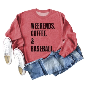 Flat lay of heather red long sleeve sweatshirt with Weekends Coffee Baseball print