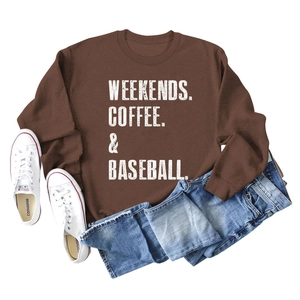 Flat lay of brown long-sleeve sweatshirt with white Weekends Coffee Baseball text
