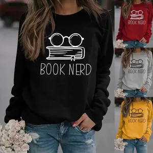 Women Sweatshirt Round Neck Cotton Blend Loose Fit Graphic Print Book Nerd Glasses Pullover Casual Streetwear