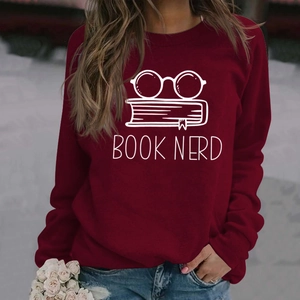 Deep red Book Nerd sweatshirt for women featuring glasses and book graphics in a relaxed fit