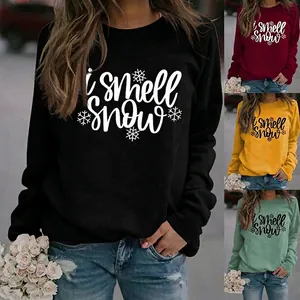 Women Crewneck Sweatshirt Long Sleeve I Smell Snow Snowflake Print Casual Loose Cotton Blend Pullover Winter