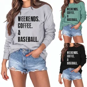 Women Casual Cotton Blend Round Neck Sweatshirt Weekends Coffee Baseball Letter Print Long Sleeve Pullover Loose Fit Tops