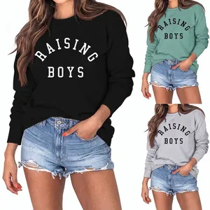 Women Raising Boys Letter Print Crew Neck Long Sleeve Sweatshirt Loose Casual Pullover Cotton Blend Top Outwear